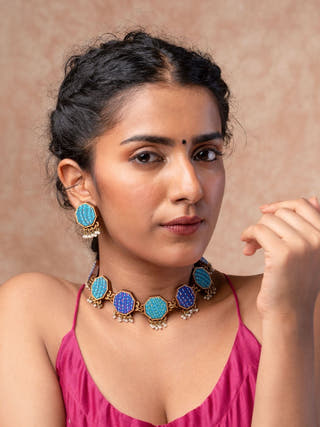 Turquoise Kantha Repurposed Silk Fabric and Wood Studs