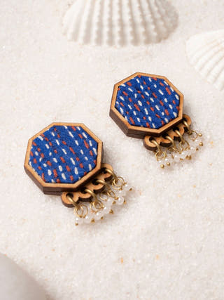 Blue Kantha Repurposed Silk Fabric and Wood Studs