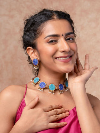 Blue Kantha Repurposed Silk Fabric and Wood Studs