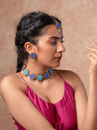 Blue Kantha Repurposed Silk Fabric and Wood Studs