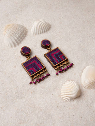 Pink Purple Kantha Repurposed Silk Fabric and Wood  Earrings