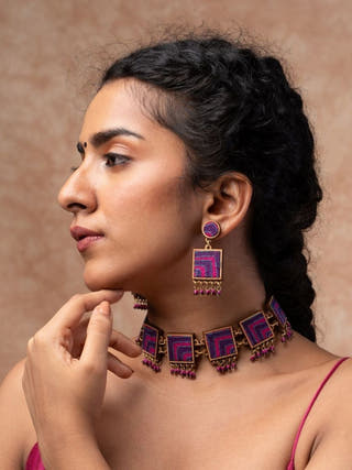 Pink Purple Kantha Repurposed Silk Fabric and Wood  Earrings