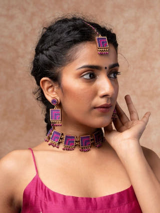Pink Purple Kantha Repurposed Silk Fabric and Wood  Earrings