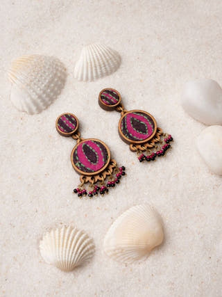 Multicolor Kantha Silk Fabric and Repurposed Wood Earrings