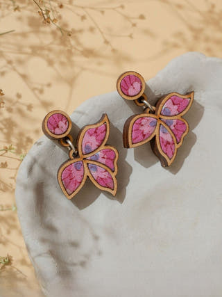 Pink Bloom Repurposed Fabric and Wood Leaf Earrings