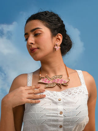 Pink Bloom Repurposed Fabric and Wood Leaf Earrings