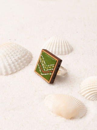 Kantha Green Repurposed Silk Fabric and Wood Ring