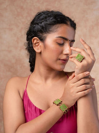Kantha Green Repurposed Silk Fabric and Wood Ring