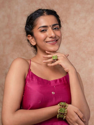 Kantha Green Repurposed Silk Fabric and Wood Ring