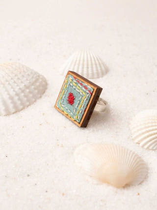 Kantha Columbia Blue Repurposed Silk Fabric and Wood Ring