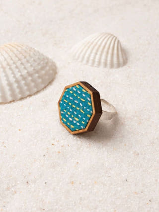 Turquoise Kantha Repurposed Silk Fabric and Wood Ring