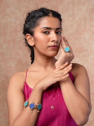 Turquoise Kantha Repurposed Silk Fabric and Wood Ring