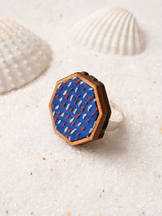Blue Kantha Repurposed Silk Fabric and Wood Ring