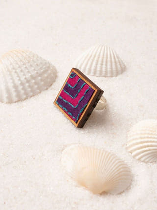 Pink Purple Kantha Repurposed Silk Fabric and Wood Ring