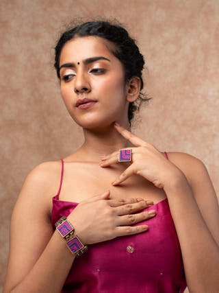 Pink Purple Kantha Repurposed Silk Fabric and Wood Ring