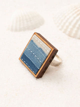 Shades of Indigo Blue Repurposed Fabric and Wood Square Ring