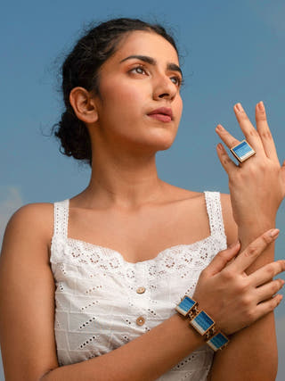 Shades of Indigo Blue Repurposed Fabric and Wood Square Ring
