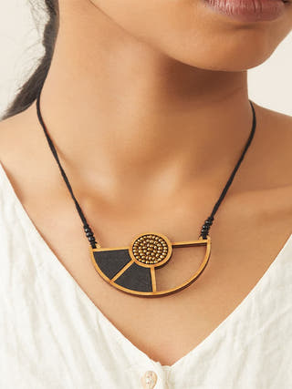 Black Geometrical Repurposed Fabric and Wood Adjustable Pendant Necklace