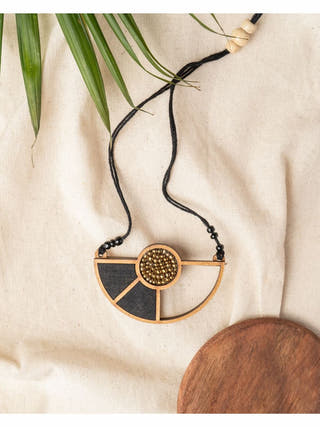 Black Geometrical Repurposed Fabric and Wood Adjustable Pendant Necklace