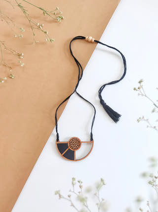 Black Geometrical Repurposed Fabric and Wood Adjustable Pendant Necklace