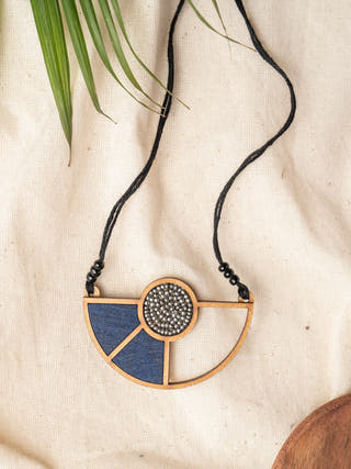 Blue Geometrical Repurposed Fabric and Wood Adjustable Pendant Necklace