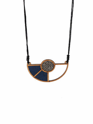 Blue Geometrical Repurposed Fabric and Wood Adjustable Pendant Necklace