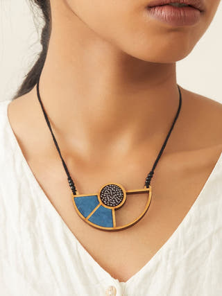 Blue Geometrical Repurposed Fabric and Wood Adjustable Pendant Necklace