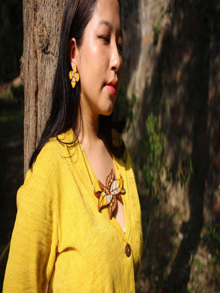 Yellow Bloom Leaf Motif Repurposed Fabric and Wood Necklace
