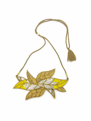 Yellow Bloom Leaf Motif Repurposed Fabric and Wood Necklace