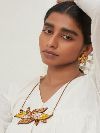 Yellow Bloom Leaf Motif Repurposed Fabric and Wood Necklace