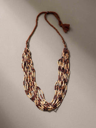 Handmade Multilayer Adjustable Jute, Wooden Beads and Metal Beads Statement Necklace