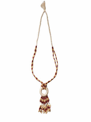 Adjustable Jute, Wooden Beads and Glass Beads Fringe Pendant Necklace