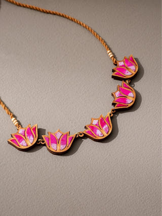 Shades of Pink Bloom Lotus Repurposed Fabric and Wood Necklace