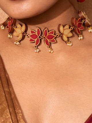 Red and Gold Festive Lotus Repurposed Fabric and Wood Statement Choker