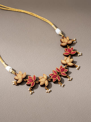 Red and Gold Festive Lotus Repurposed Fabric and Wood Statement Choker