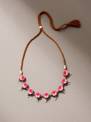 Pink Repurposed Fabric and Wood Flower Choker Necklace
