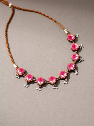 Pink Repurposed Fabric and Wood Flower Choker Necklace