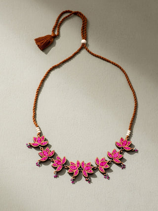 Wood Georgette Bandhani Choker Lotus Necklace Pink WHE