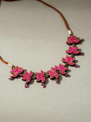 Wood Georgette Bandhani Choker Lotus Necklace Pink WHE