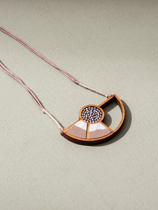 Beige and White Geometrical Repurposed Fabric and Wood Adjustable Pendant Necklace