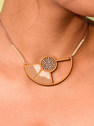 Beige and White Geometrical Repurposed Fabric and Wood Adjustable Pendant Necklace