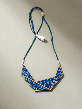 Hand Painted Blue Connecting Triangle Upcycled Fabric And Repurposed Wood Necklace WHE