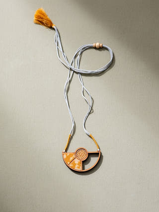 Yellow Geometrical Repurposed Fabric and Wood Adjustable Pendant Necklace