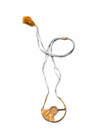 Yellow Geometrical Repurposed Fabric and Wood Adjustable Pendant Necklace