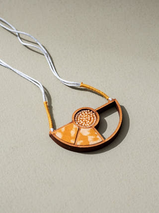 Yellow Geometrical Repurposed Fabric and Wood Adjustable Pendant Necklace