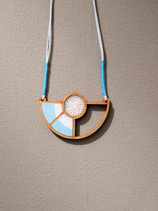 Blue and White Geometrical Repurposed Fabric and Wood Adjustable Pendant Necklace