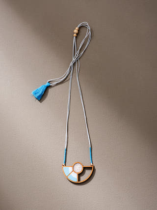 Blue and White Geometrical Repurposed Fabric and Wood Adjustable Pendant Necklace