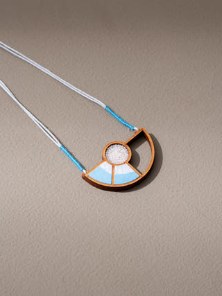 Blue and White Geometrical Repurposed Fabric and Wood Adjustable Pendant Necklace