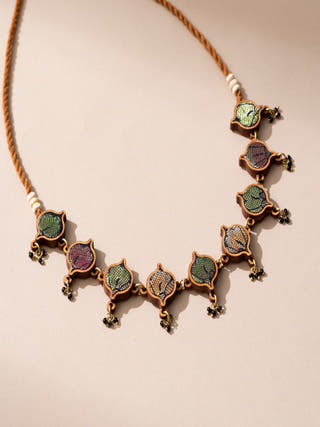 Multicolor Festive Repurposed Fabric and Wood Choker Necklace