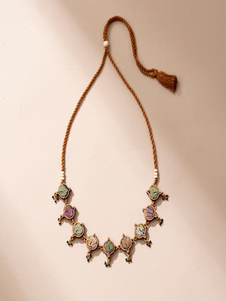 Multicolor Festive Repurposed Fabric and Wood Choker Necklace